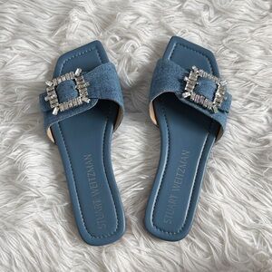Stuart Weitzman Denim Blue Sandals with Crystal Buckle